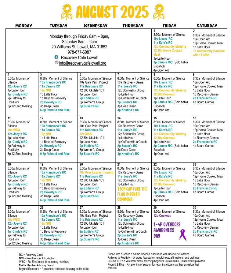 Recovery Cafe August Calendar!